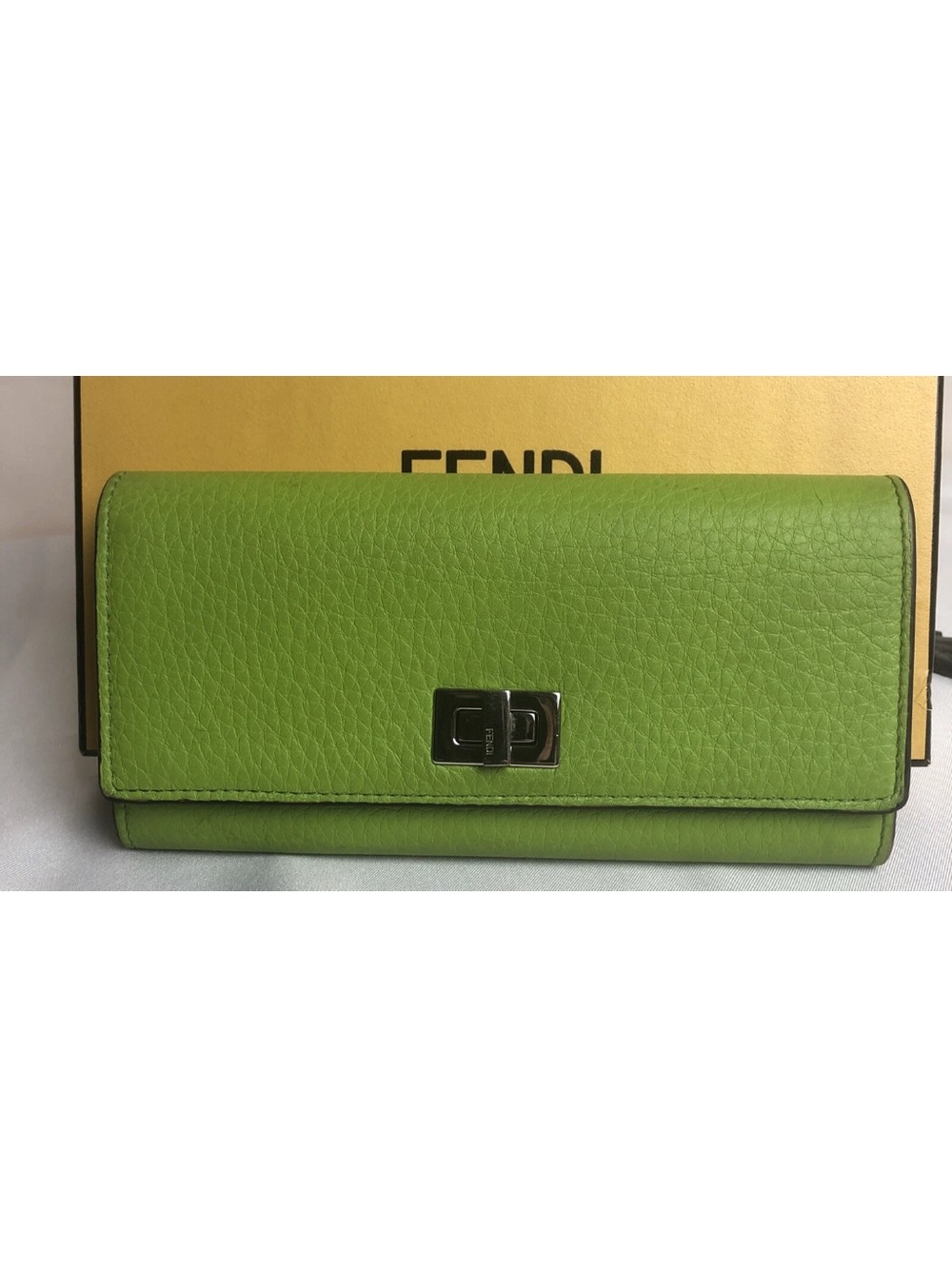 Fendi Lime Green Pebbled Leather Continental Wallet
